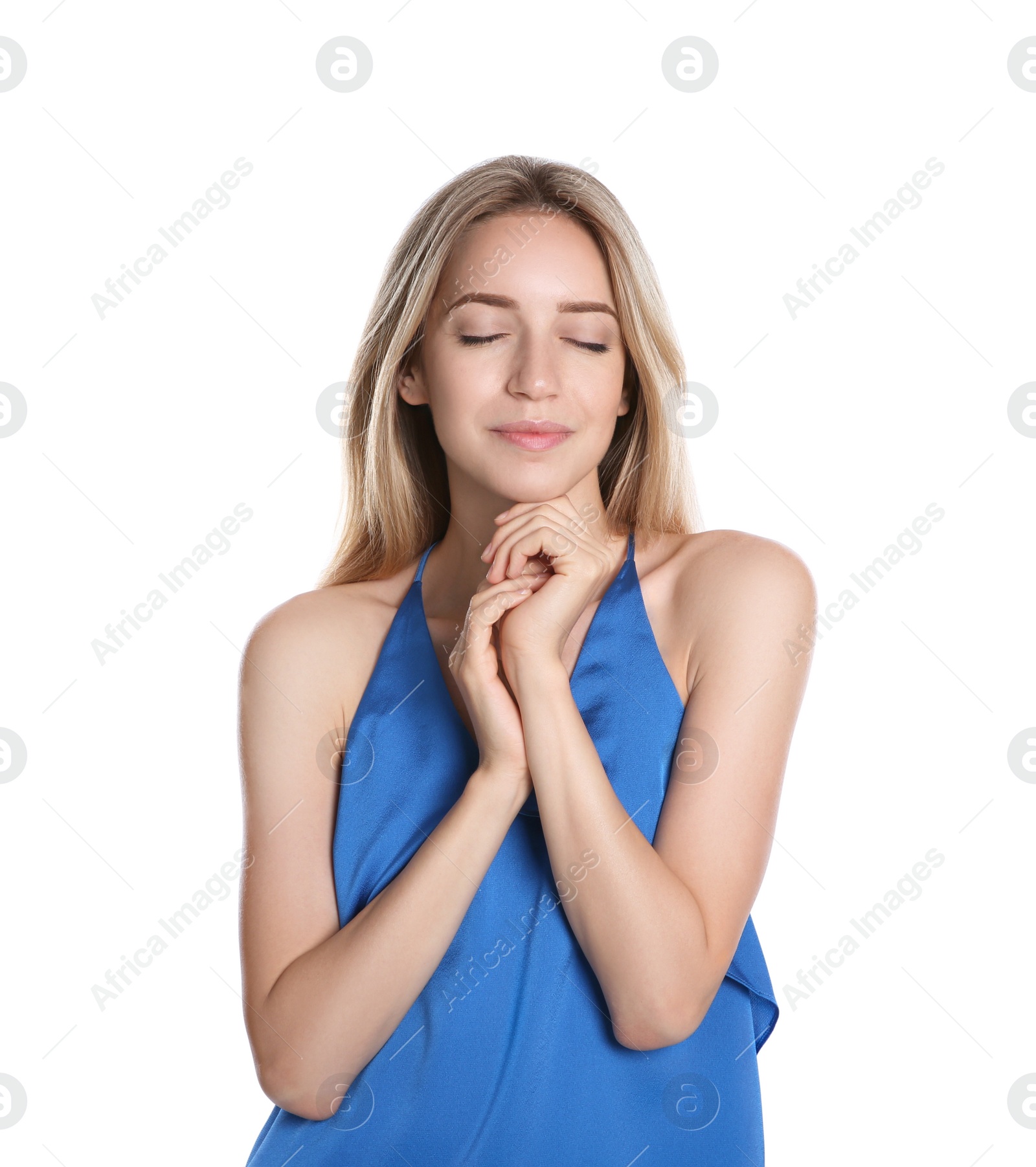 Photo of Portrait of beautiful young woman with blonde hair on white background