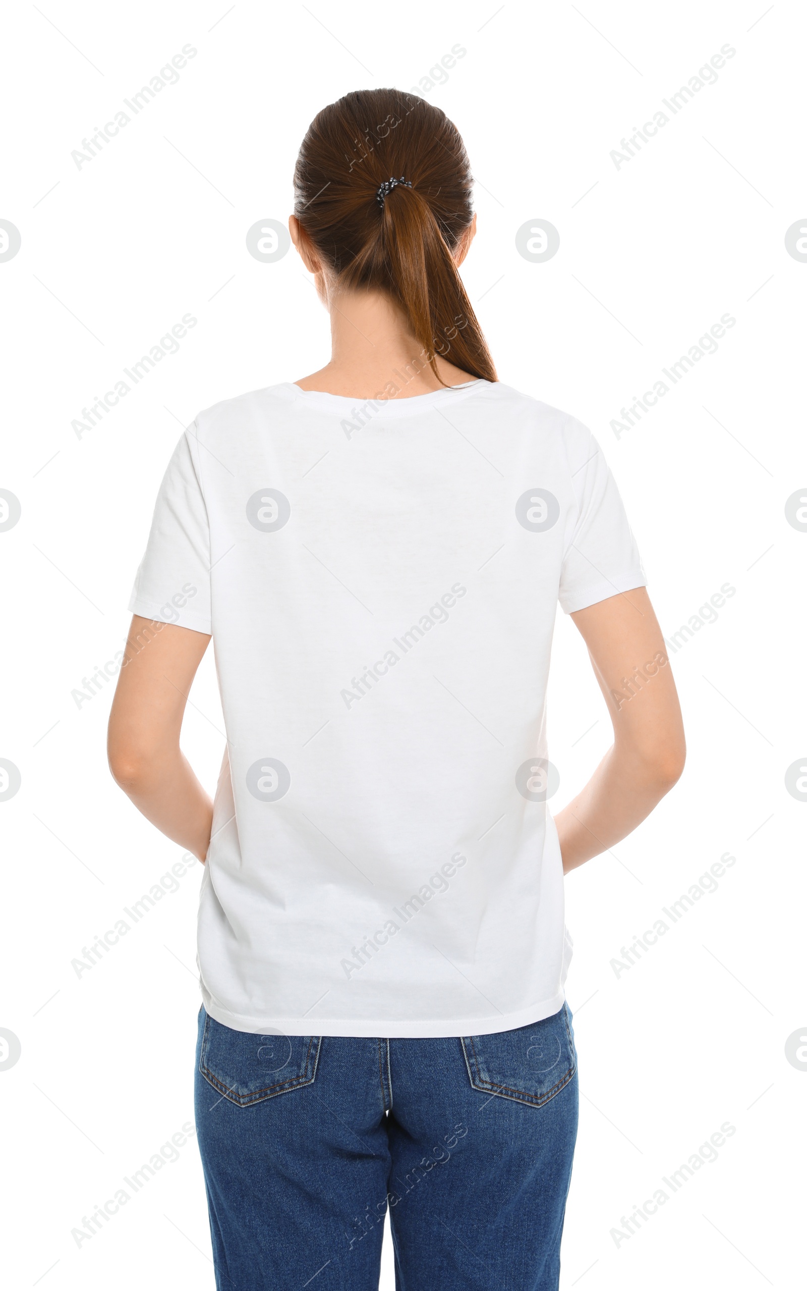 Photo of Young woman in t-shirt on white background. Mock up for design