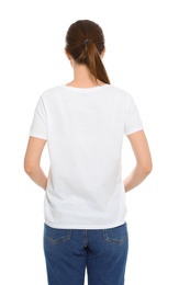 Young woman in t-shirt on white background. Mock up for design