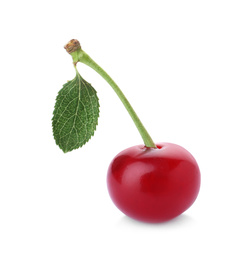 Photo of Delicious ripe sweet cherry with leaf isolated on white