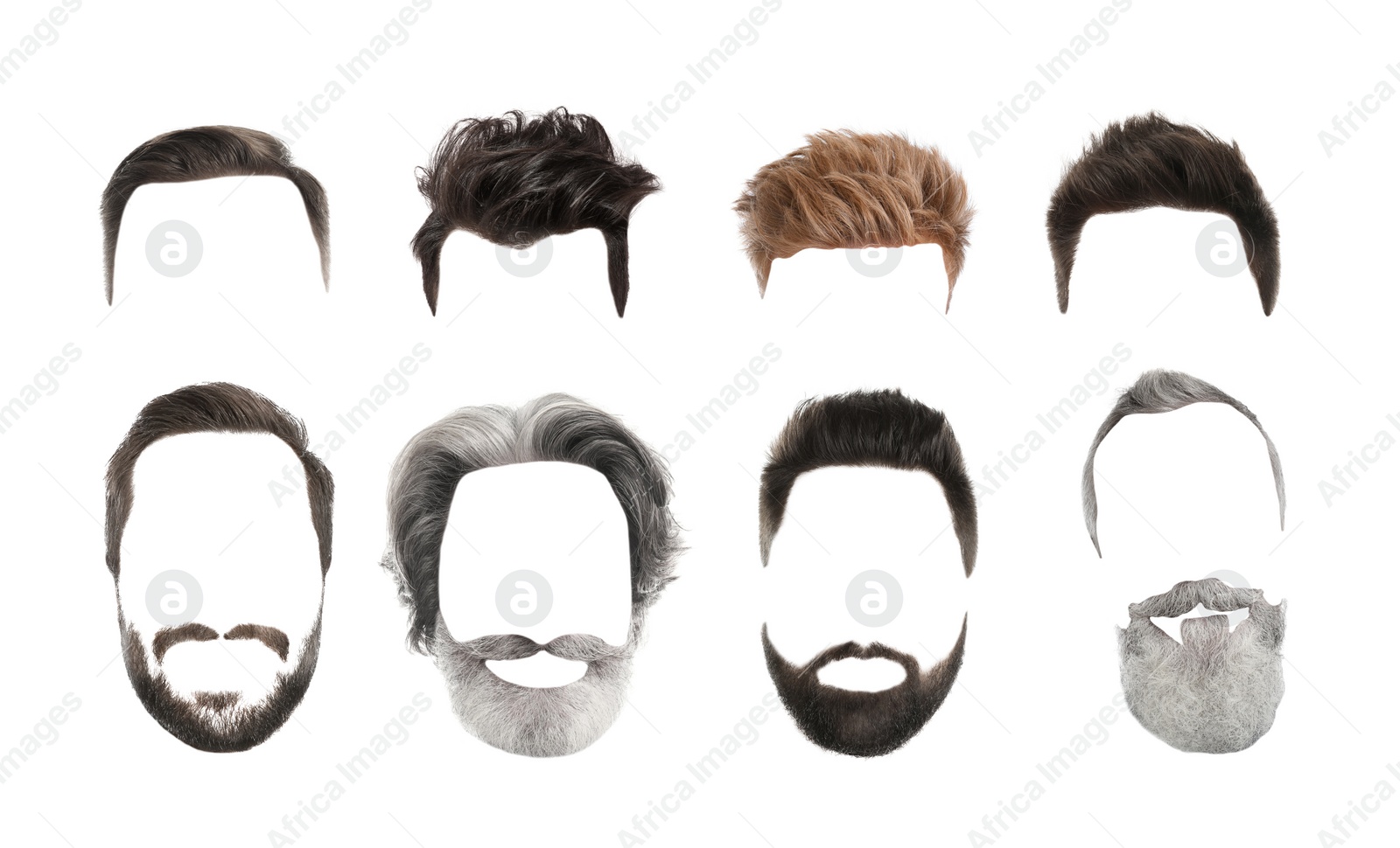 Image of Fashionable men's hairstyles and beards isolated on white, collage