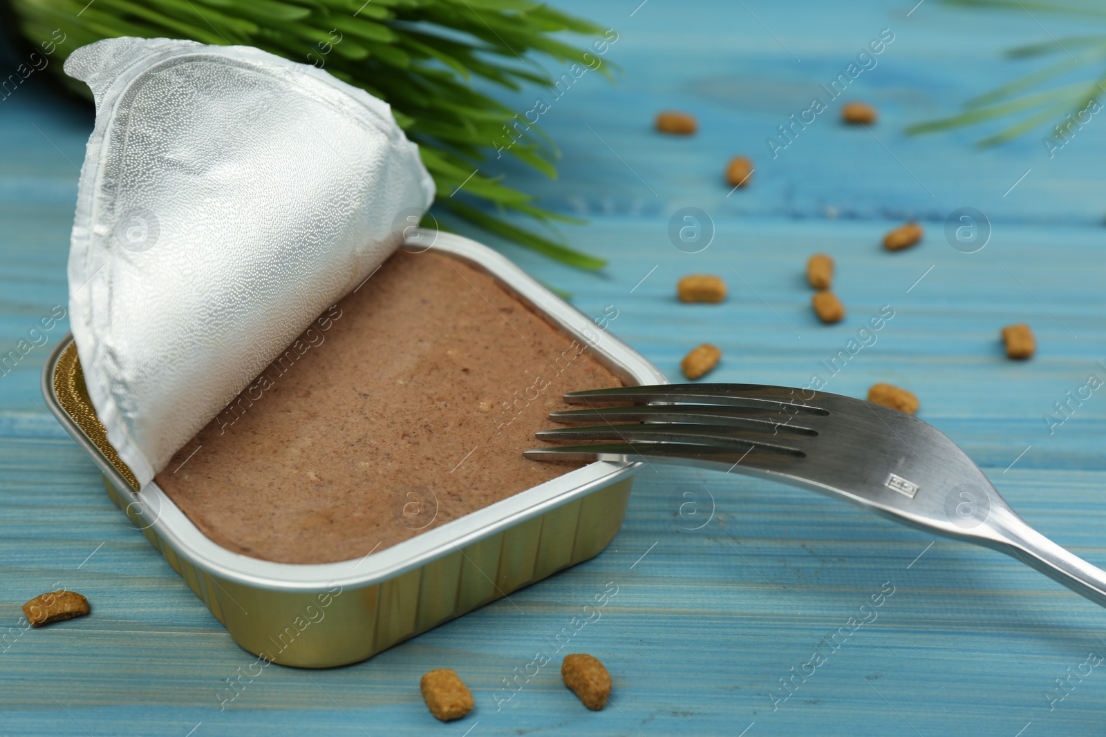 Photo of Kibble, pate and fork on light blue wooden table, closeup. Pet food