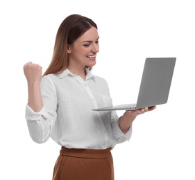 Beautiful businesswoman with laptop on white background