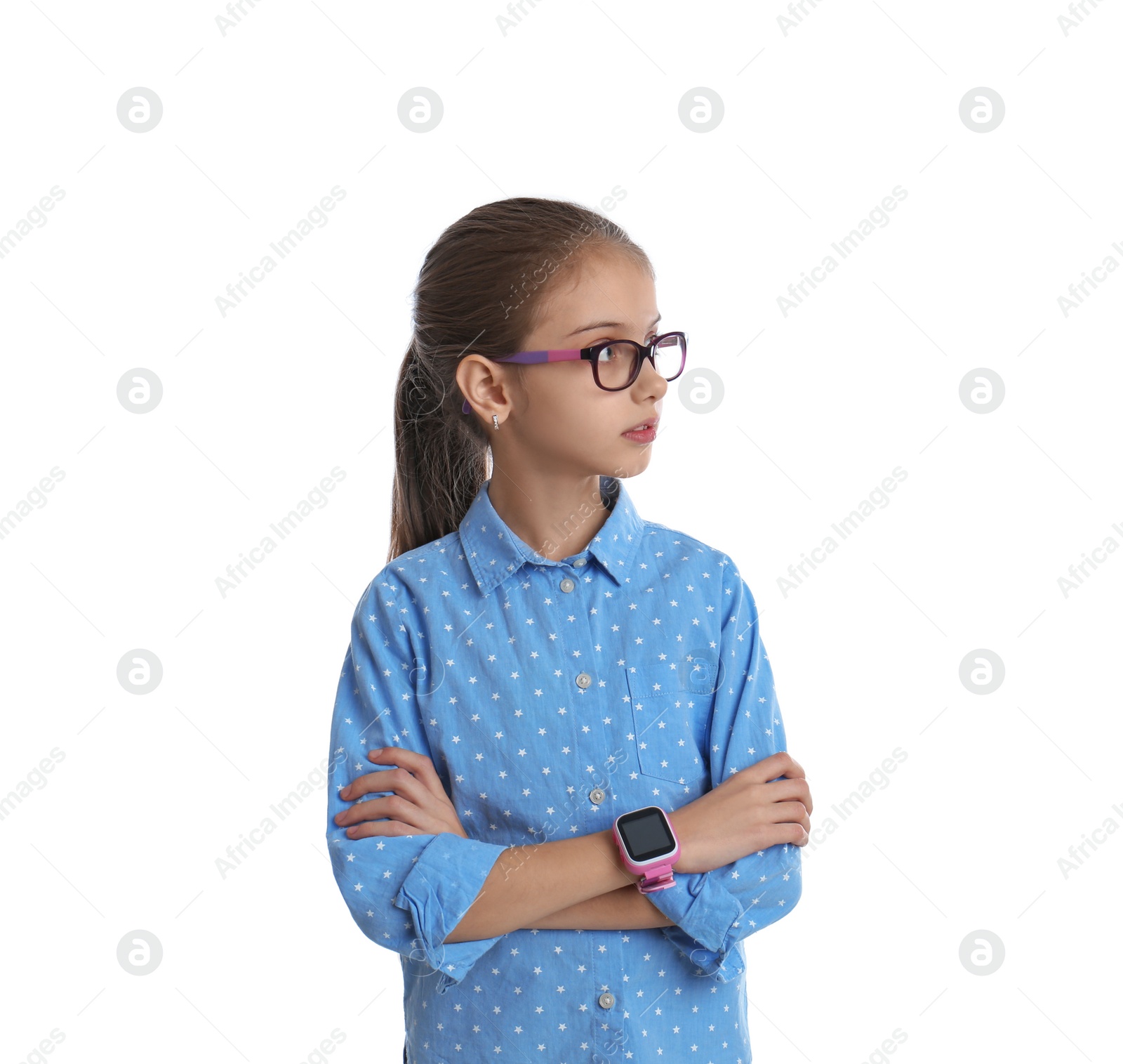 Photo of Girl  with stylish smart watch on white background