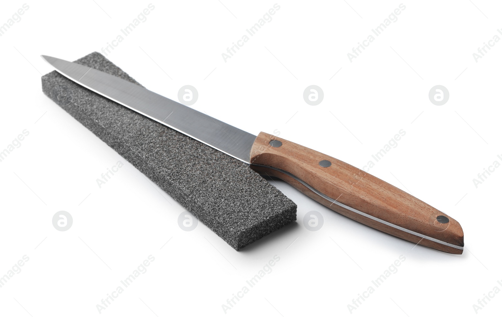 Photo of Sharp utility knife with grindstone isolated on white