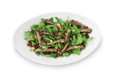 Delicious salad with beef tongue, arugula and seeds isolated on white, top view