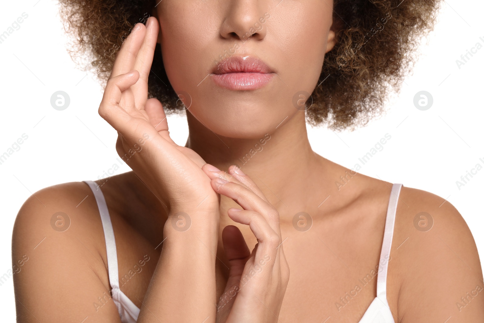 Photo of Beautiful woman with healthy skin on white background, closeup