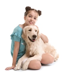 Photo of Cute little child with her pet on white background