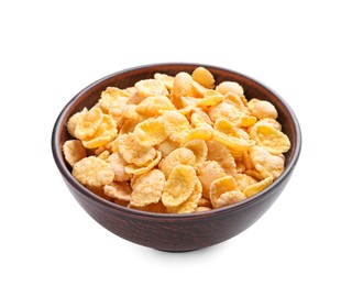 Photo of Bowl of tasty crispy corn flakes isolated on white