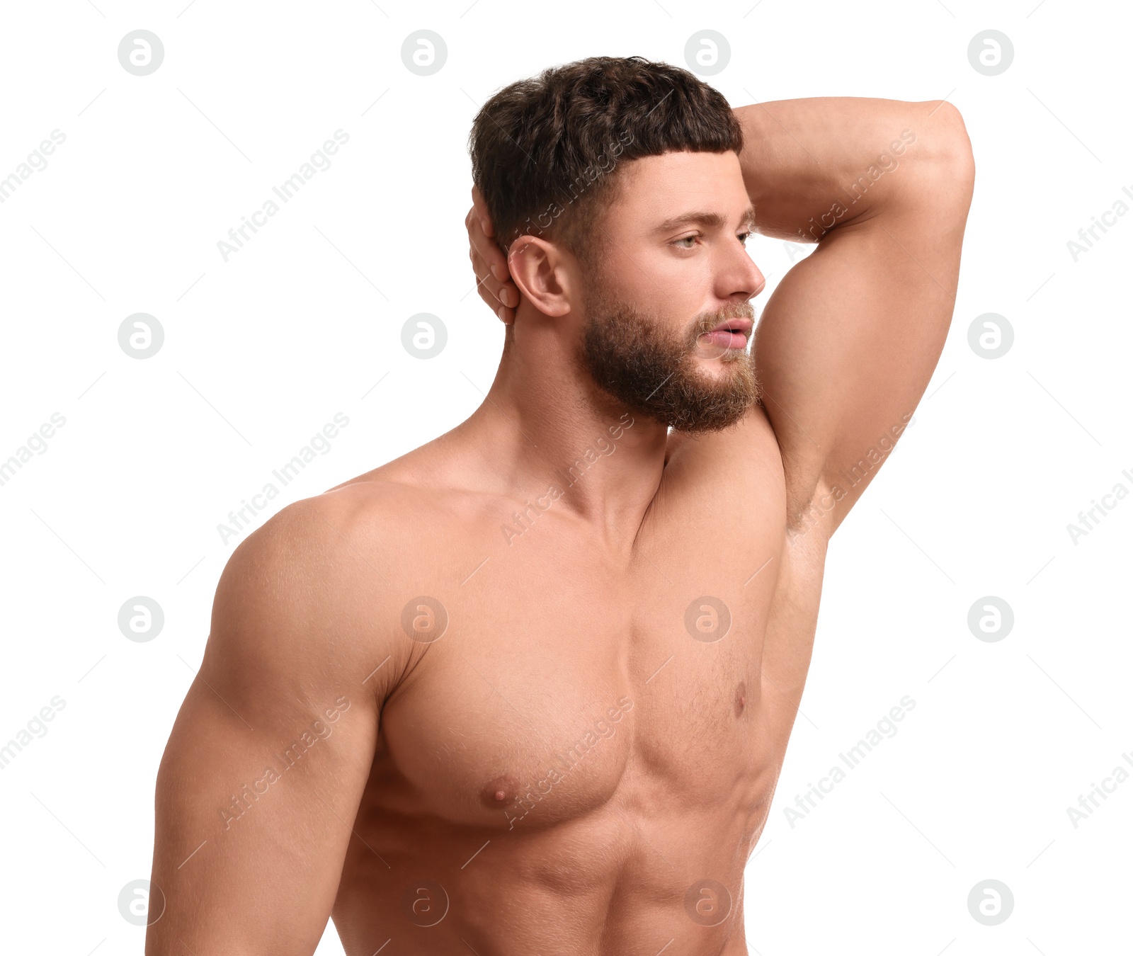 Photo of Handsome muscular man isolated on white. Sexy body