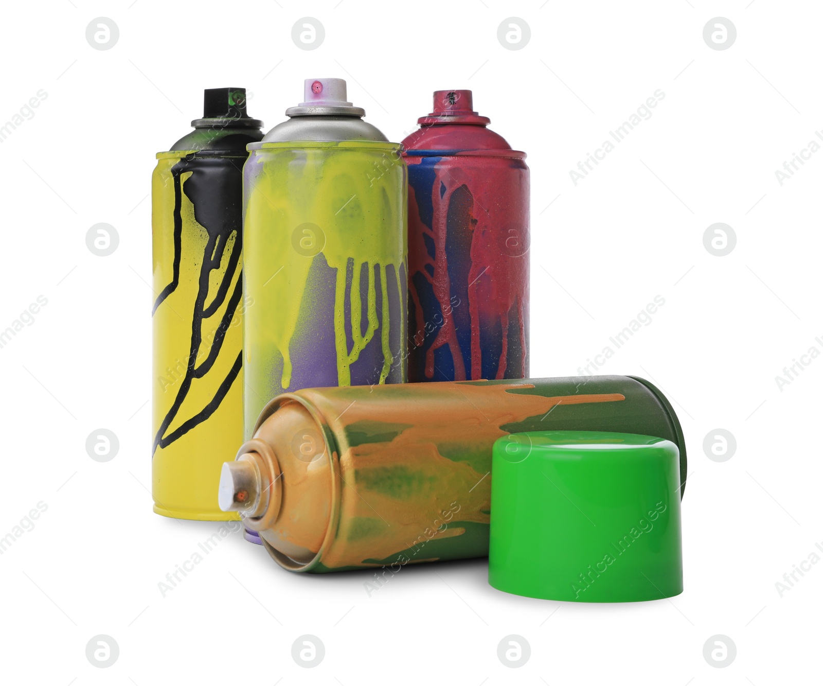 Photo of Used cans of spray paints on white background. Graffiti supplies