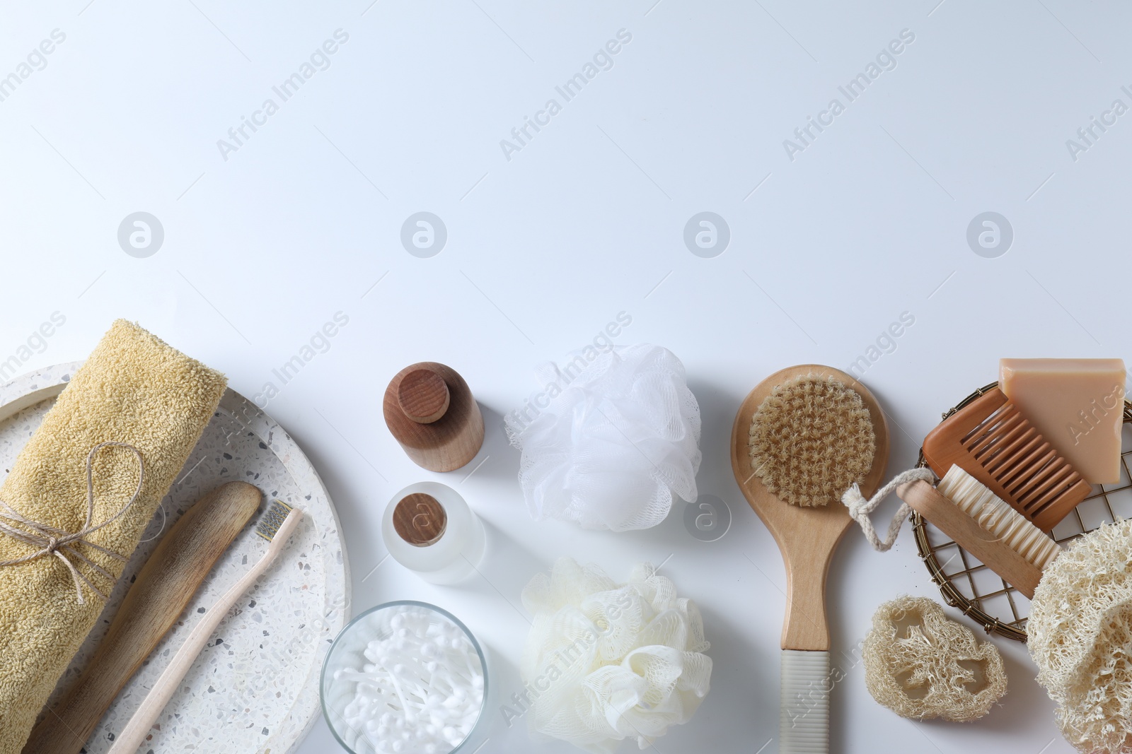 Photo of Bath accessories. Flat lay composition with personal care products on white background, space for text