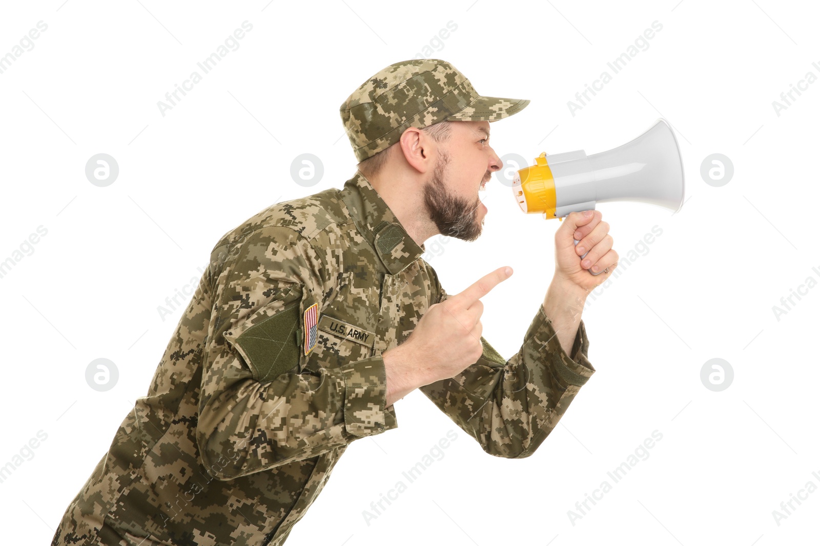 Photo of Military man shouting into megaphone on white background