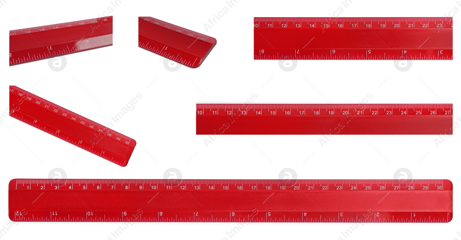 Image of Set with different rulers with measuring length markings in centimeters on white background