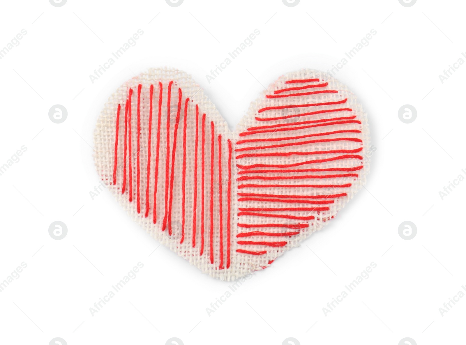 Photo of Heart made of burlap fabric with red stitches isolated on white, top view