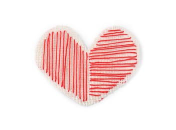 Photo of Heart made of burlap fabric with red stitches isolated on white, top view