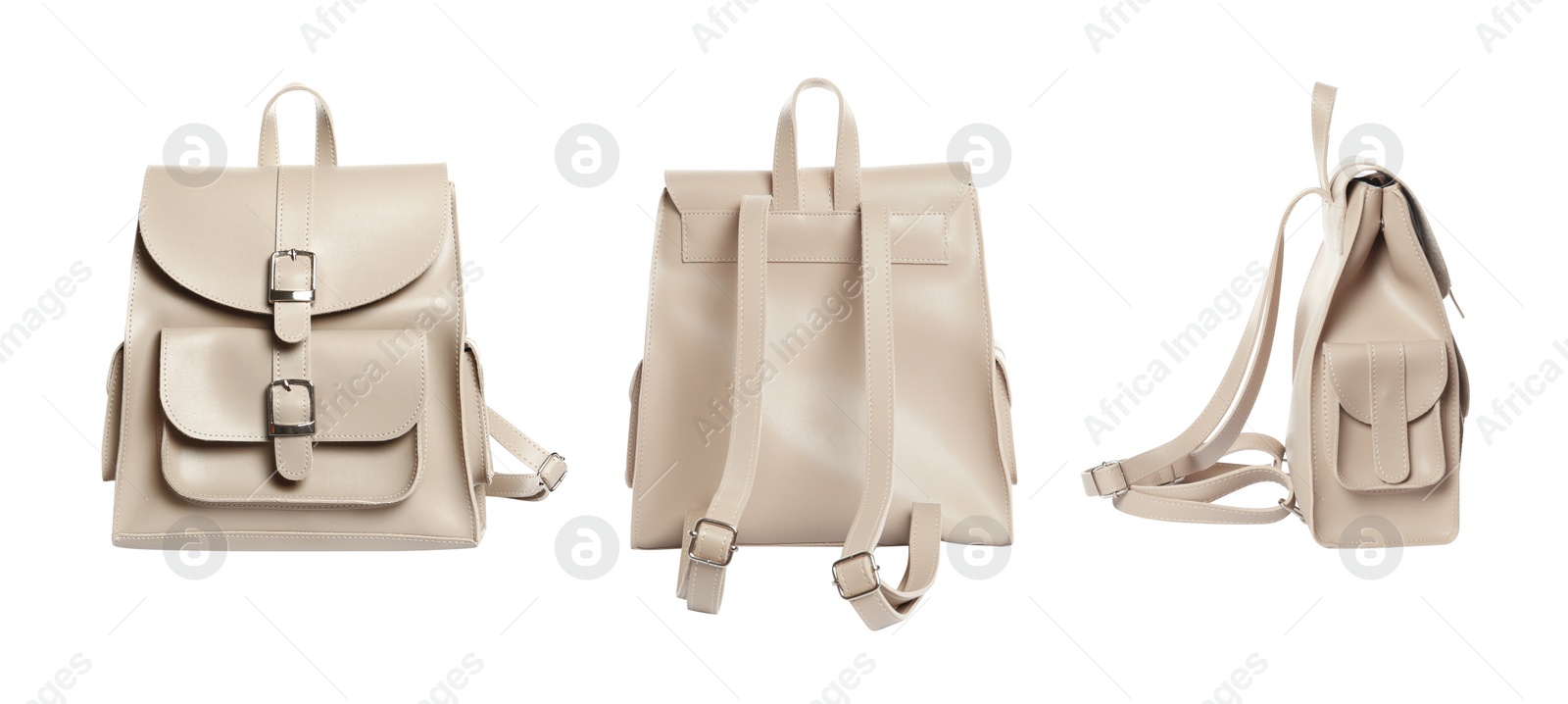 Image of Set with stylish backpacks on white background, banner design