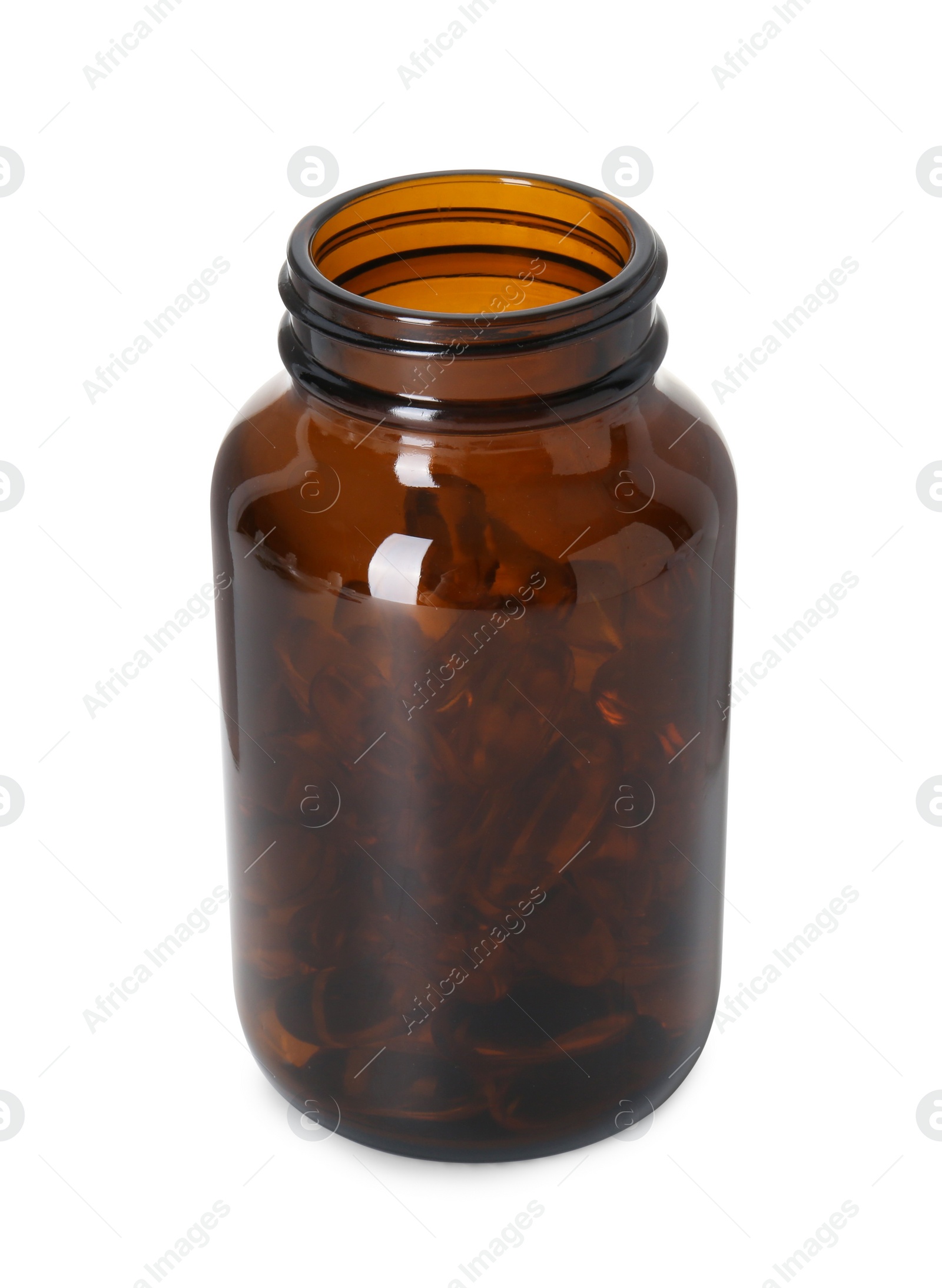 Photo of Softgel capsules in bottle isolated on white