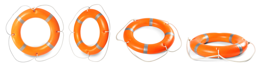 Image of Set with orange life buoys on white background, banner design