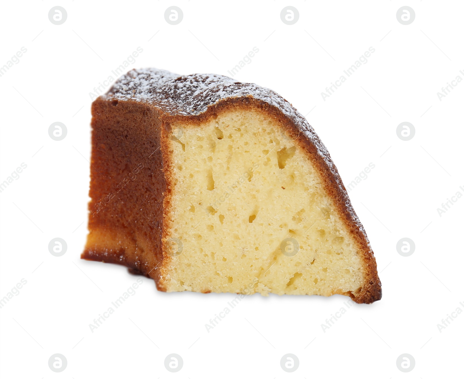 Photo of Piece of homemade yogurt cake with powdered sugar on white background