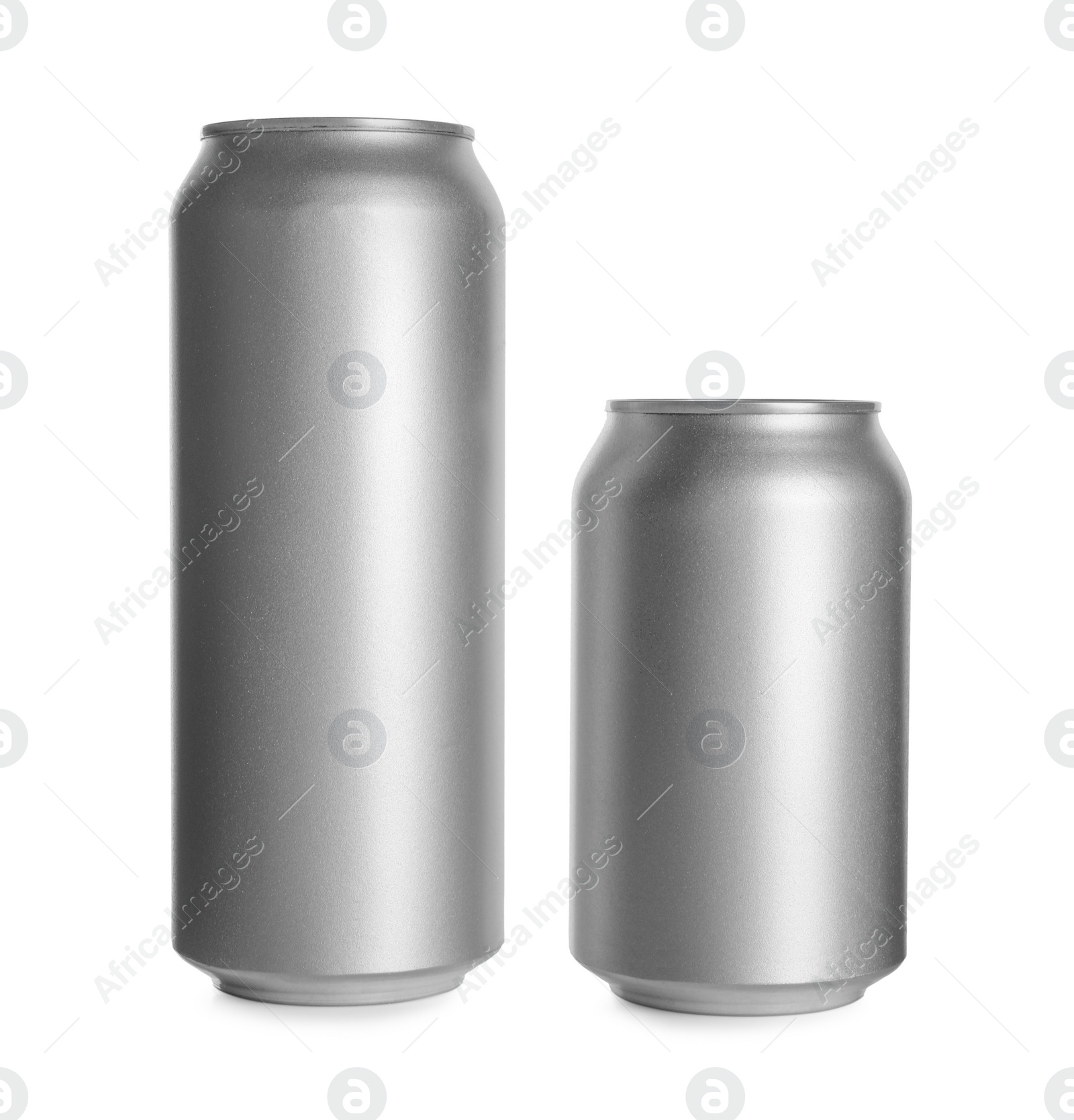 Photo of Gray aluminum cans on white background. Mockup for design
