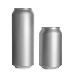 Photo of Gray aluminum cans on white background. Mockup for design