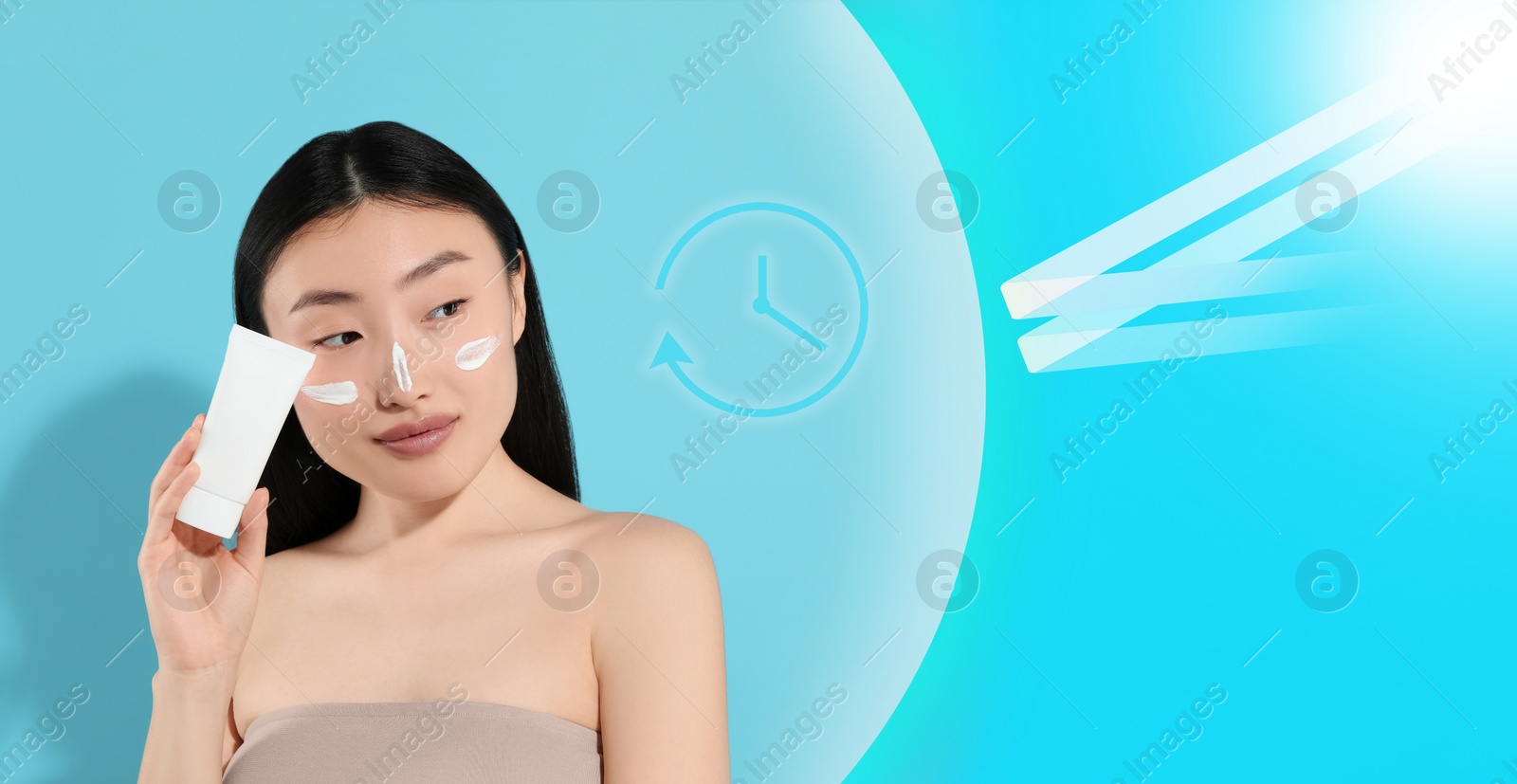 Image of Sun protection product as barrier against ultraviolet, banner design. Beautiful young woman with sunscreen against light blue background