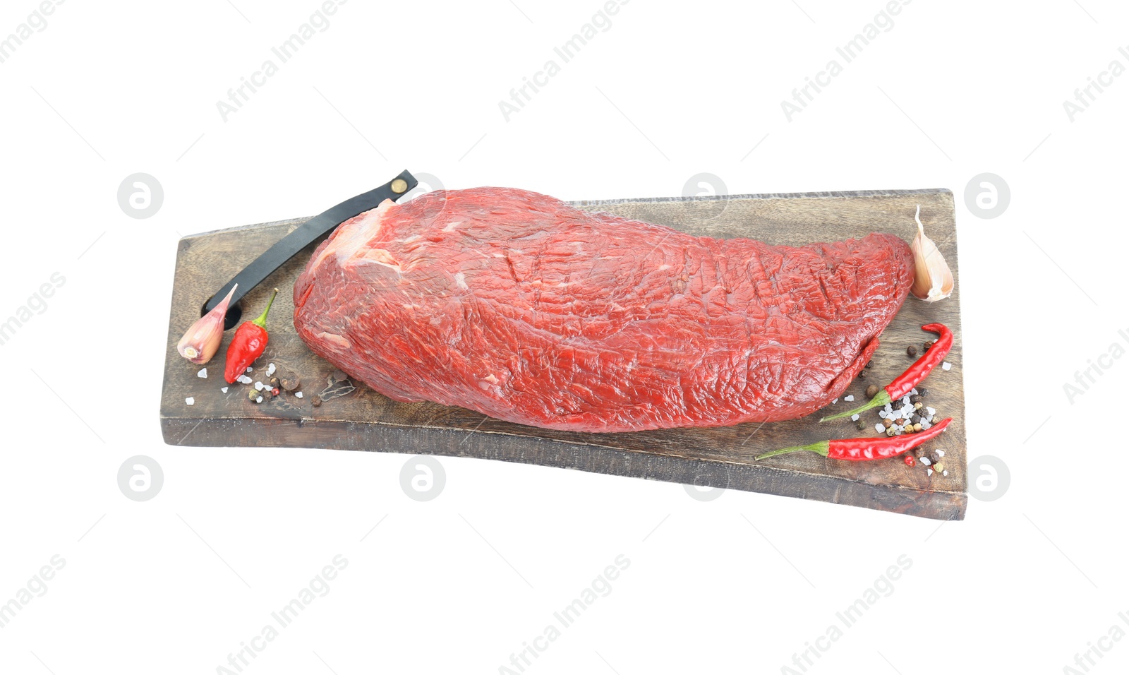 Photo of Piece of raw beef meat, products and spices isolated on white, above view