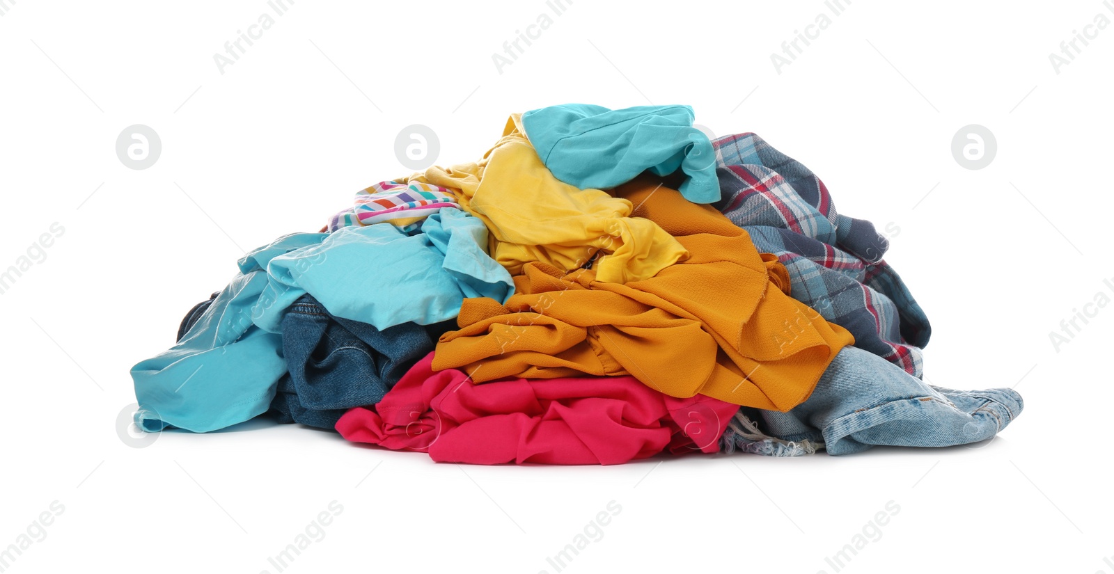 Photo of Pile of dirty clothes on white background