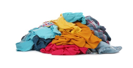 Photo of Pile of dirty clothes on white background