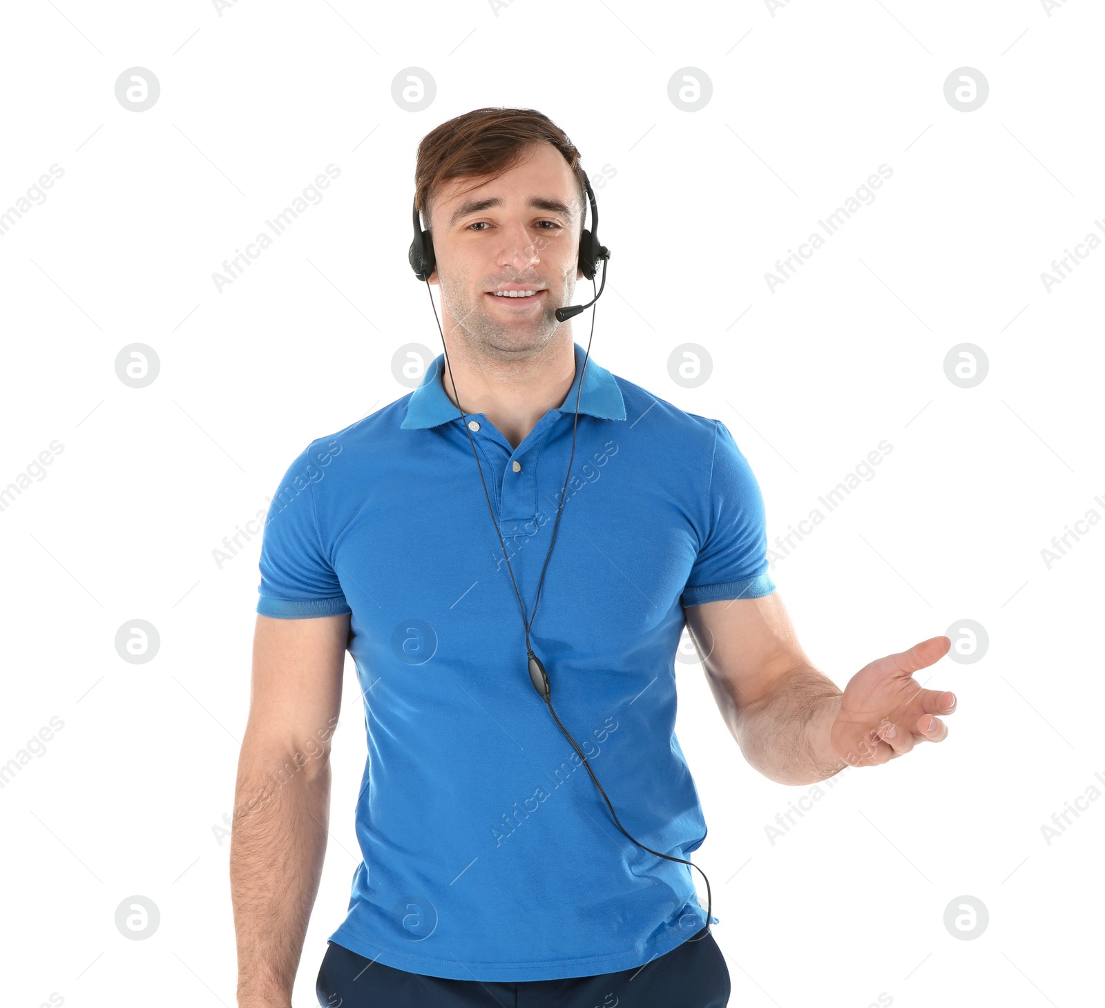Photo of Male technical support operator with headset isolated on white