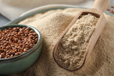 Photo of Bowl of buckwheat flour and grains on table, closeup