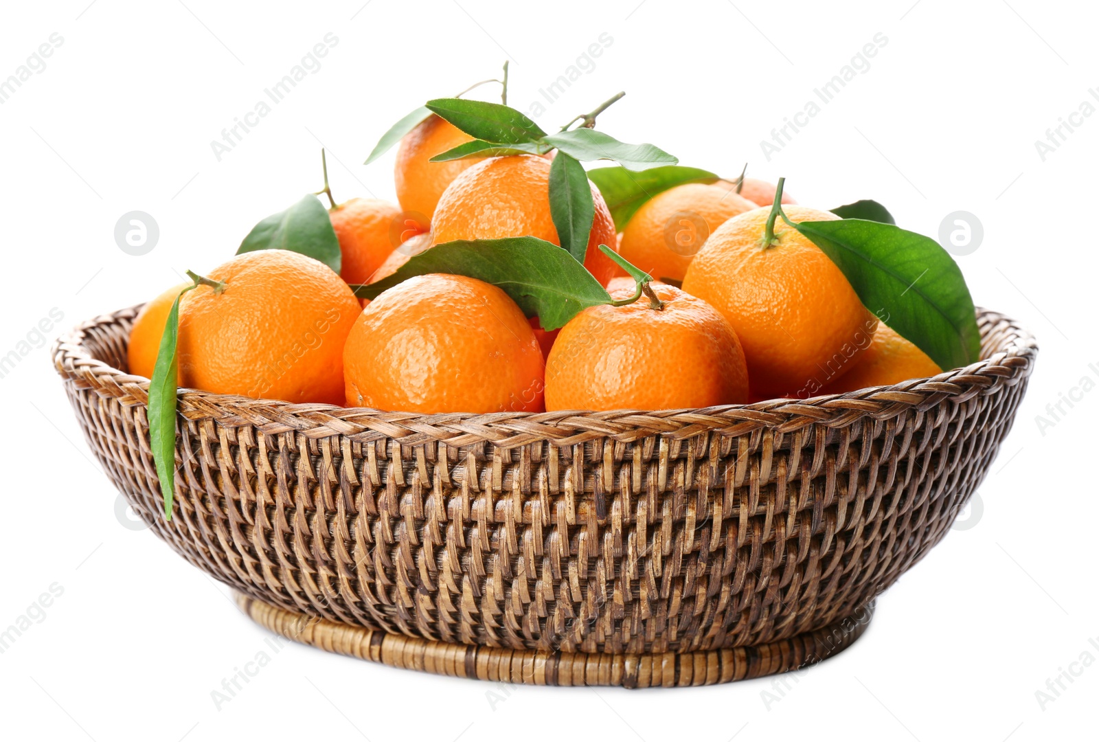 Photo of Fresh tangerines in wicker bowl on white background