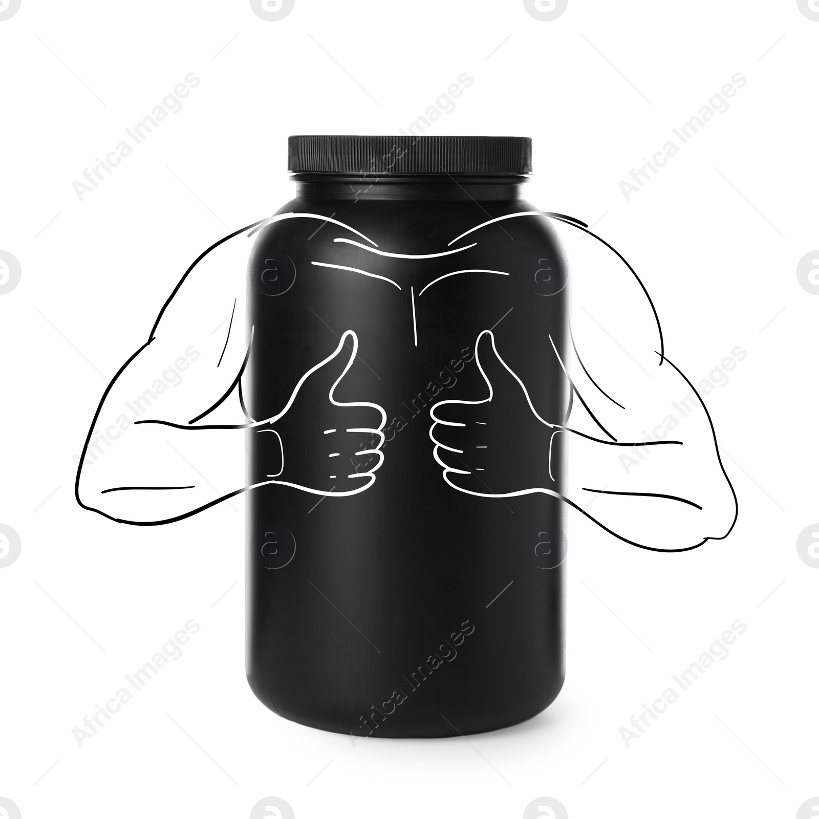 Image of Black jar of protein powder with illustration of bodybuilder showing thumbs up gesture on white background