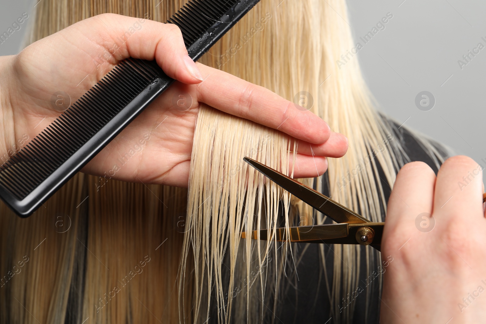 Photo of Hairdresser cutting client's hair with scissors on light grey background, closeup