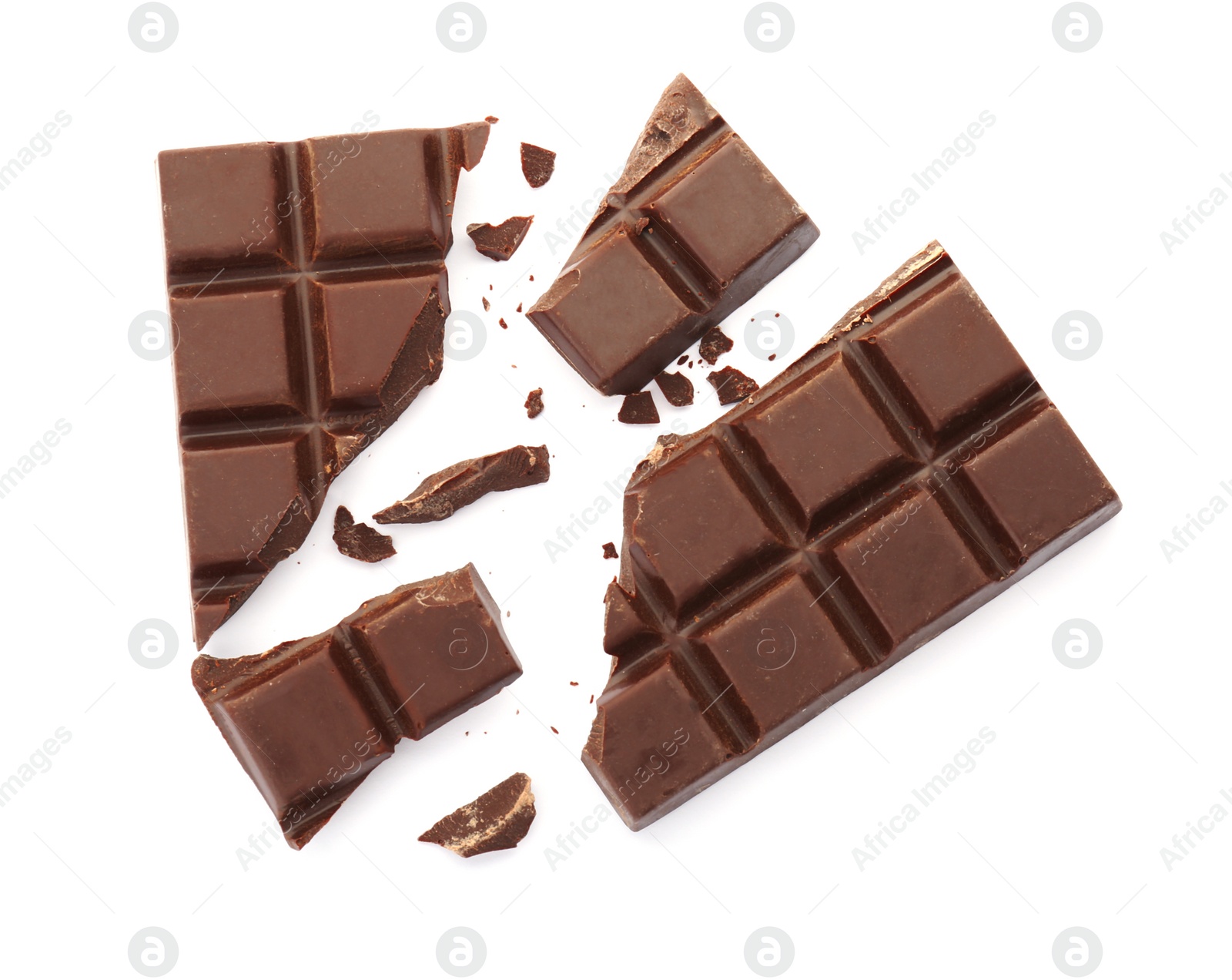 Photo of Delicious black chocolate on white background, top view