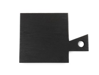 Photo of Black wooden cutting board isolated on white, top view