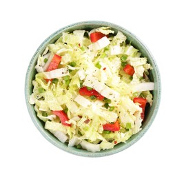 Photo of Tasty salad with Chinese cabbage, bell pepper and green onion in bowl isolated on white, top view