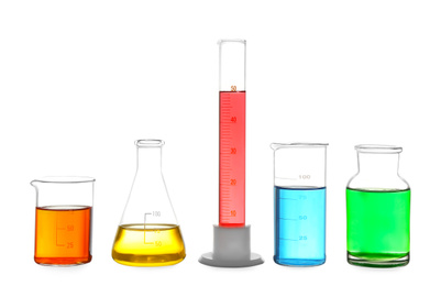 Different laboratory glassware with colorful liquids isolated on white
