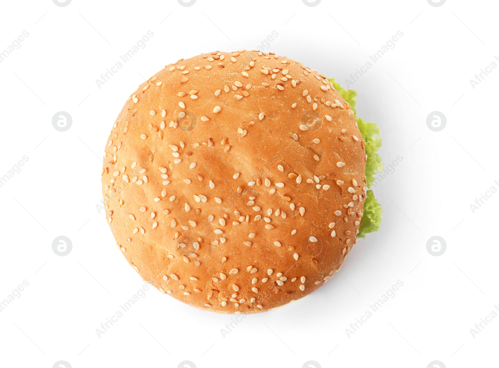 Photo of Tasty fresh burger isolated on white, top view