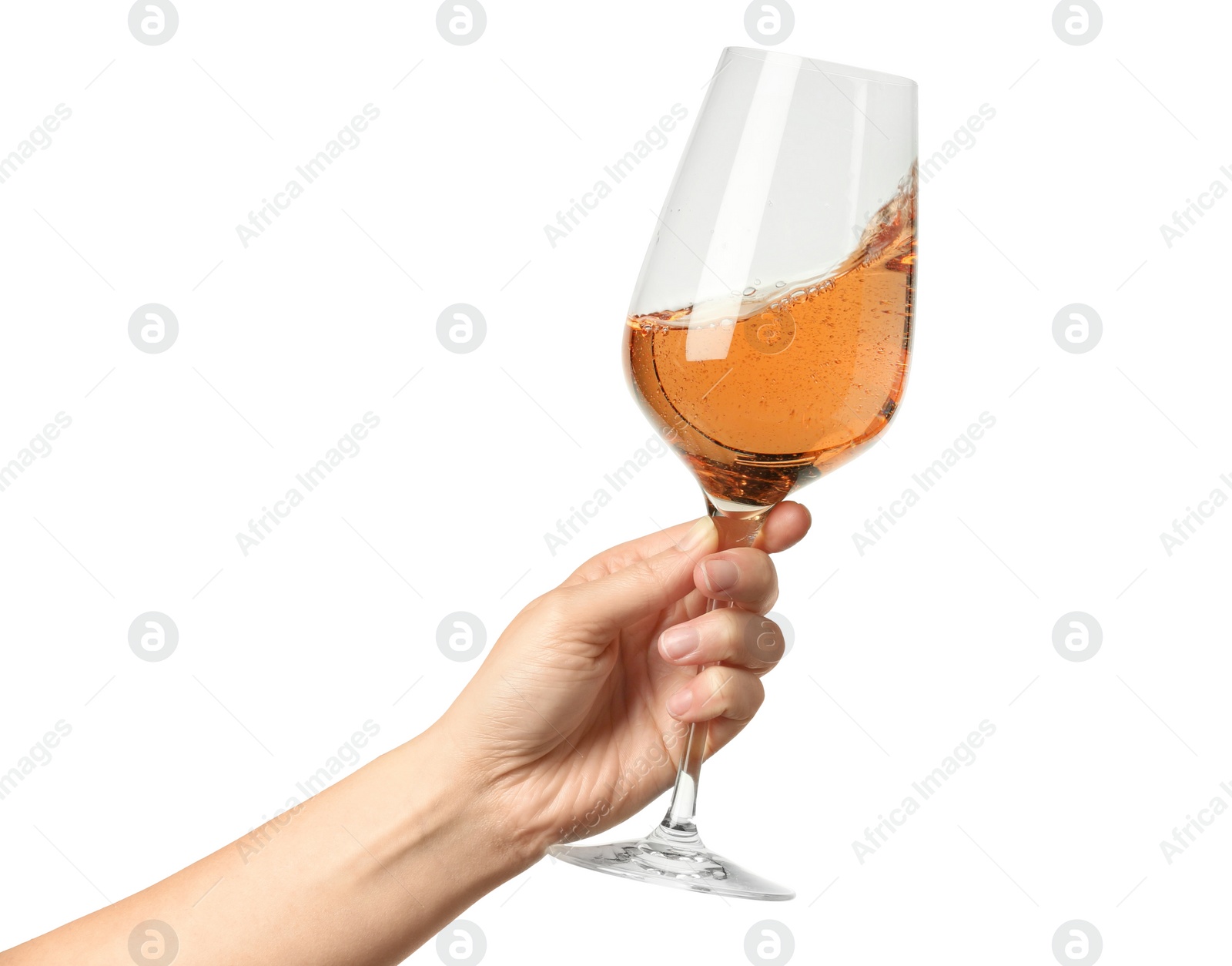 Photo of Woman with glass of rose wine isolated on white, closeup