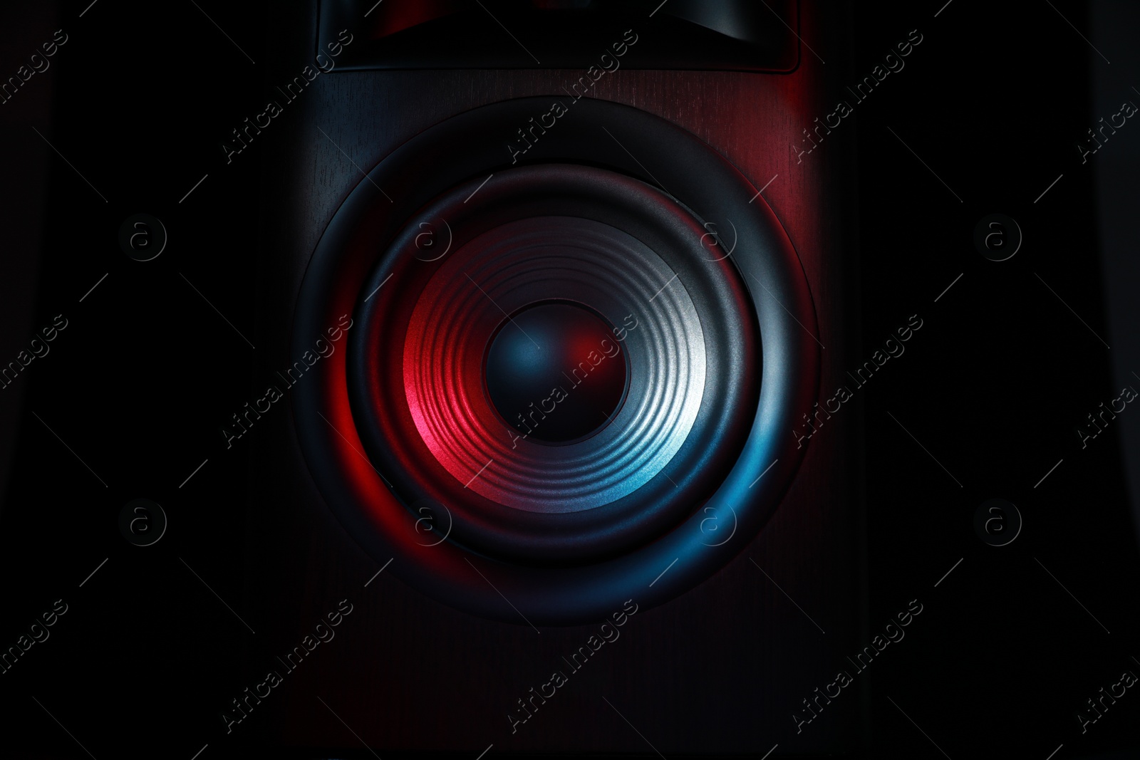 Photo of One sound speaker in neon light on black background, closeup