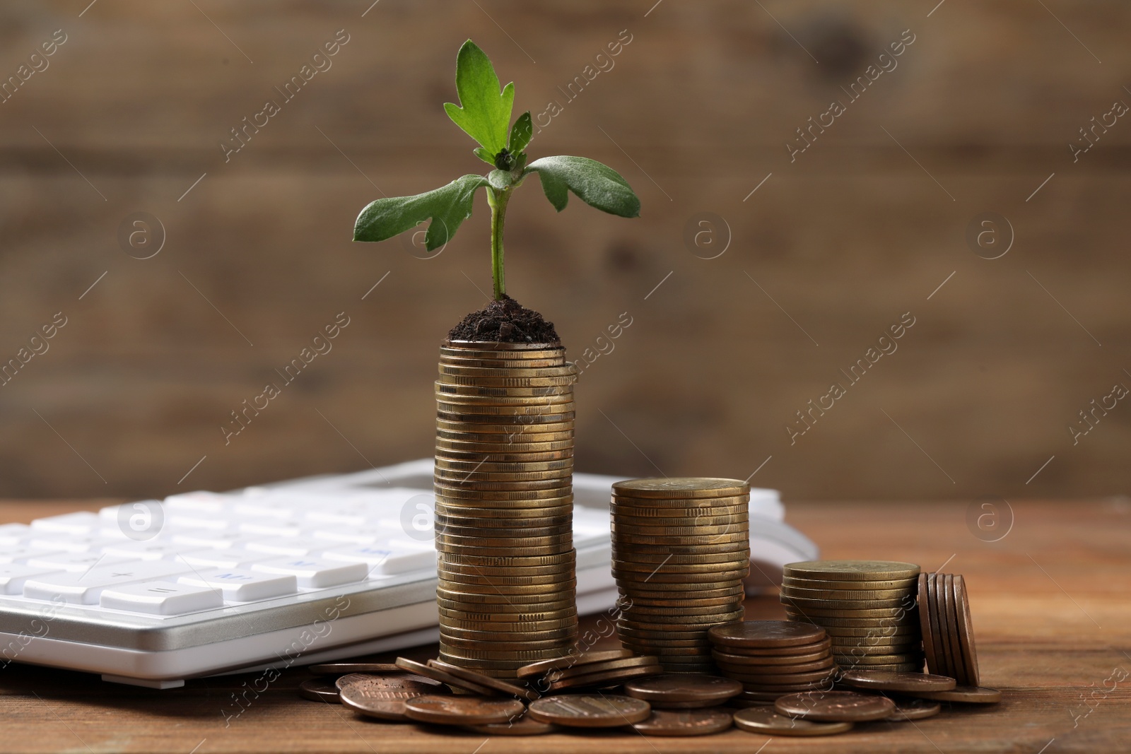 Photo of Stacks of coins with green sprout and calculator on wooden table. Investment concept