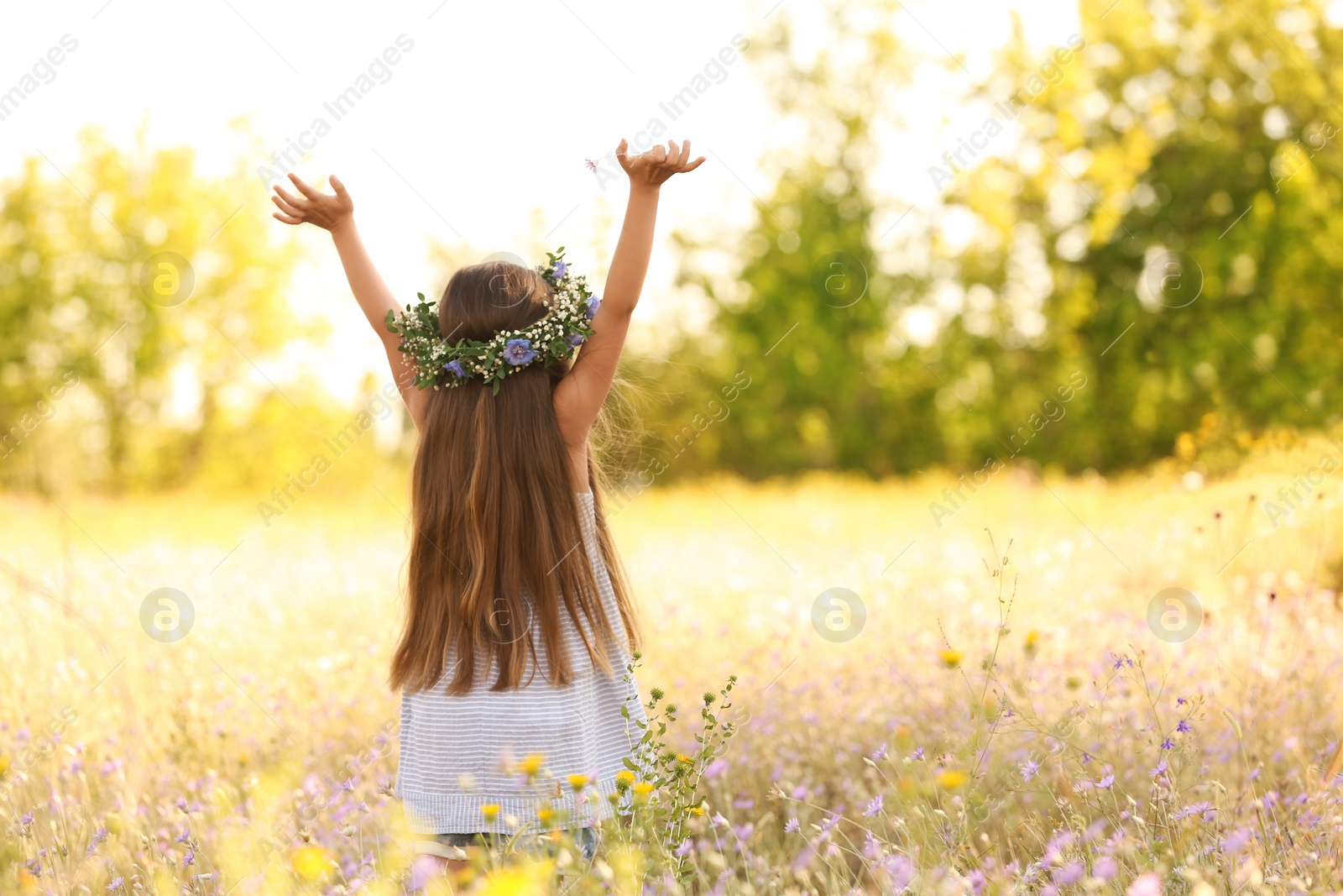 Photo of Cute little girl wearing flower wreath outdoors, back view. Child spending time in nature