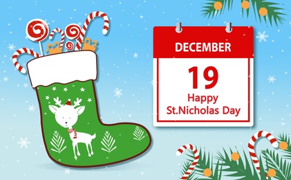 Illustration of Saint Nicholas Day greeting card design. Calendar with date and Christmas stocking on blue background
