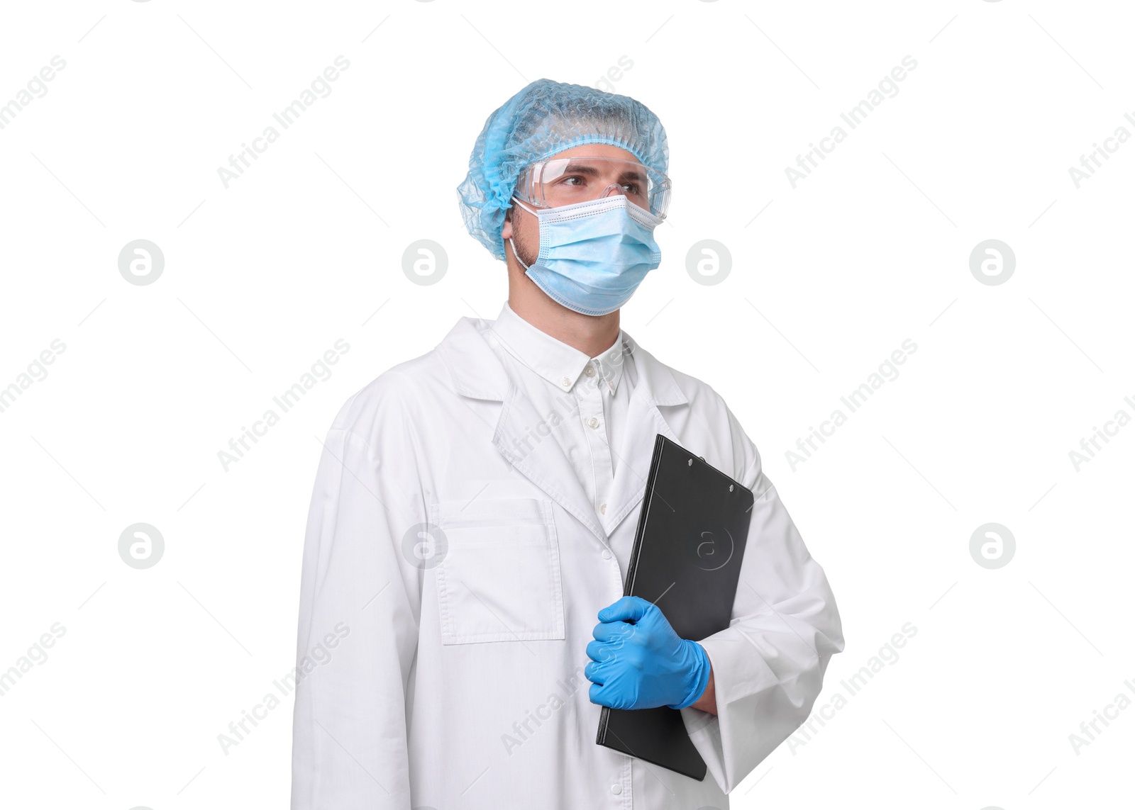 Photo of Quality control. Food inspector with clipboard on white background