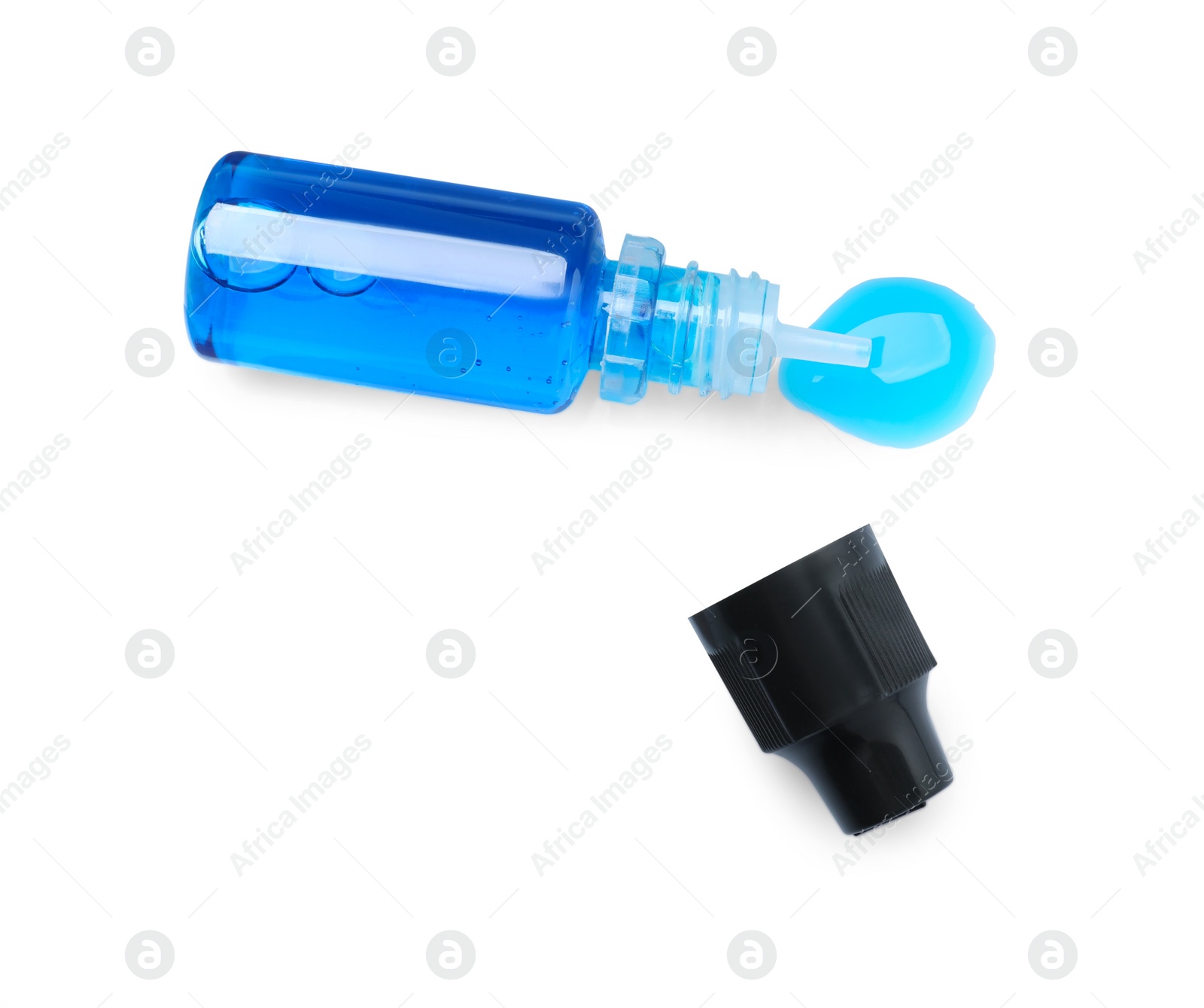 Photo of Bottle with light blue food coloring isolated on white, top view