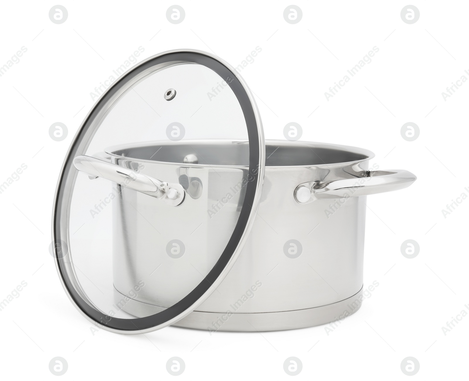 Photo of One steel pot and glass lid isolated on white