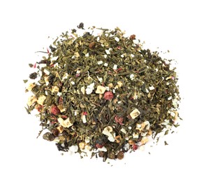 Photo of Pile of aromatic herbal tea isolated on white, top view