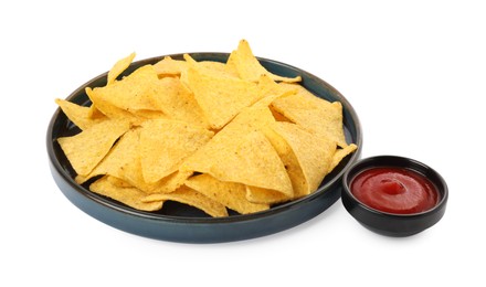 Tasty tortilla chips with ketchup on white background